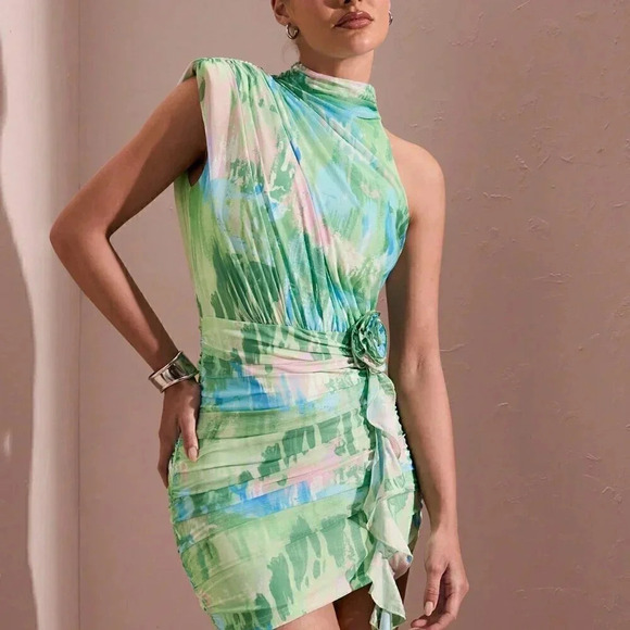 Blue Casual Women's Summer Tie-Dye Printed Irregular Shoulder Bodycon Dress - Picture 5 of 6